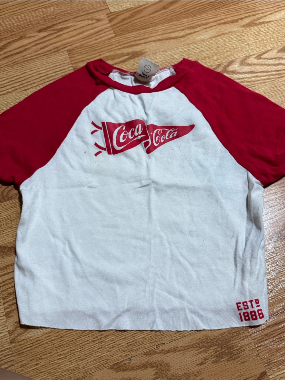 PacSun White Tee with Red Raglan Sleeves and Coca-Cola Graphic